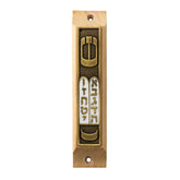 Front view olive wood mezuzah with enamel accents and Torah scroll